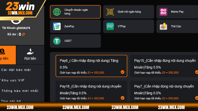 Lợi ích nổi trội khi hội viên thao tác nạp tiền 23WIN